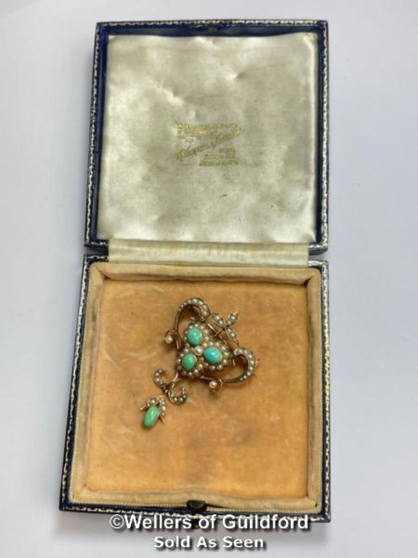 Early 20th Century turquoise and split pearl brooch with articulated drop. Dimensions approx 4.5cm x - Image 3 of 3