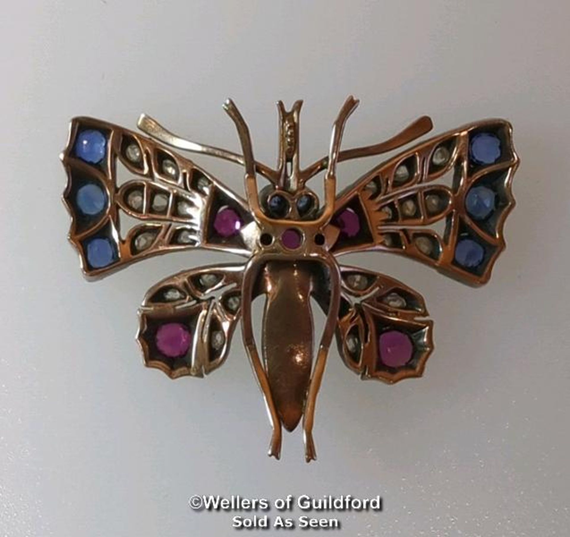 Late Victorian ruby, sapphire, diamond and pearl butterfly brooch with pendant loop and removable - Image 5 of 7