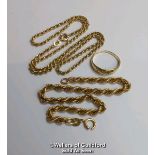 Three items: a solid rope chain in hallmarked 9ct gold, length 38cm, weight 7.52g; a hollow rope