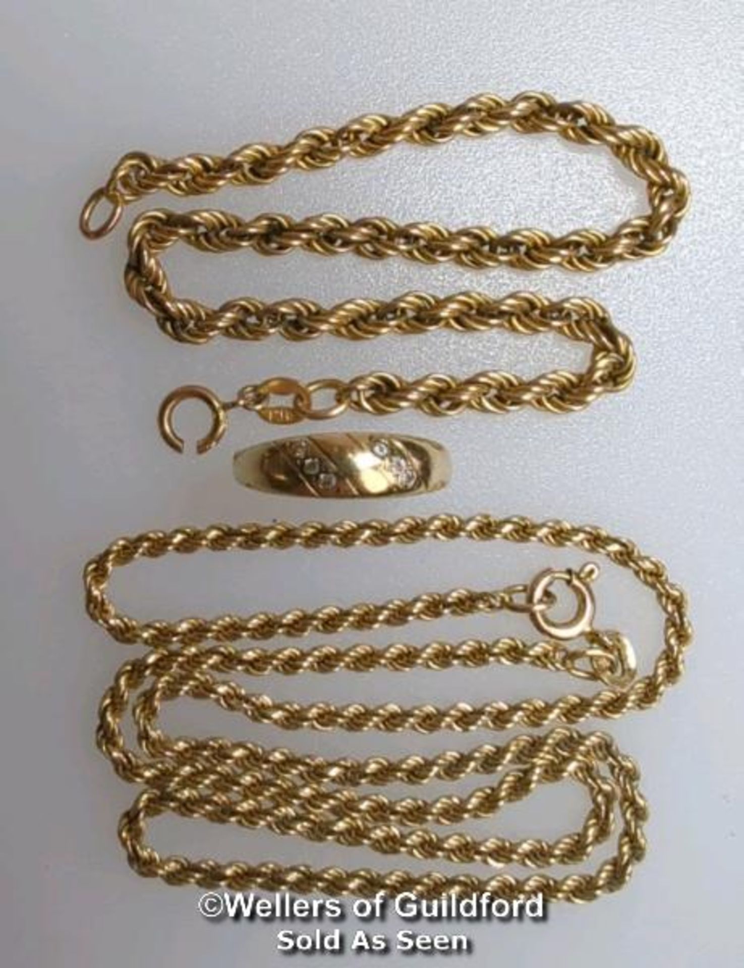 Three items: a solid rope chain in hallmarked 9ct gold, length 38cm, weight 7.52g; a hollow rope - Image 2 of 3
