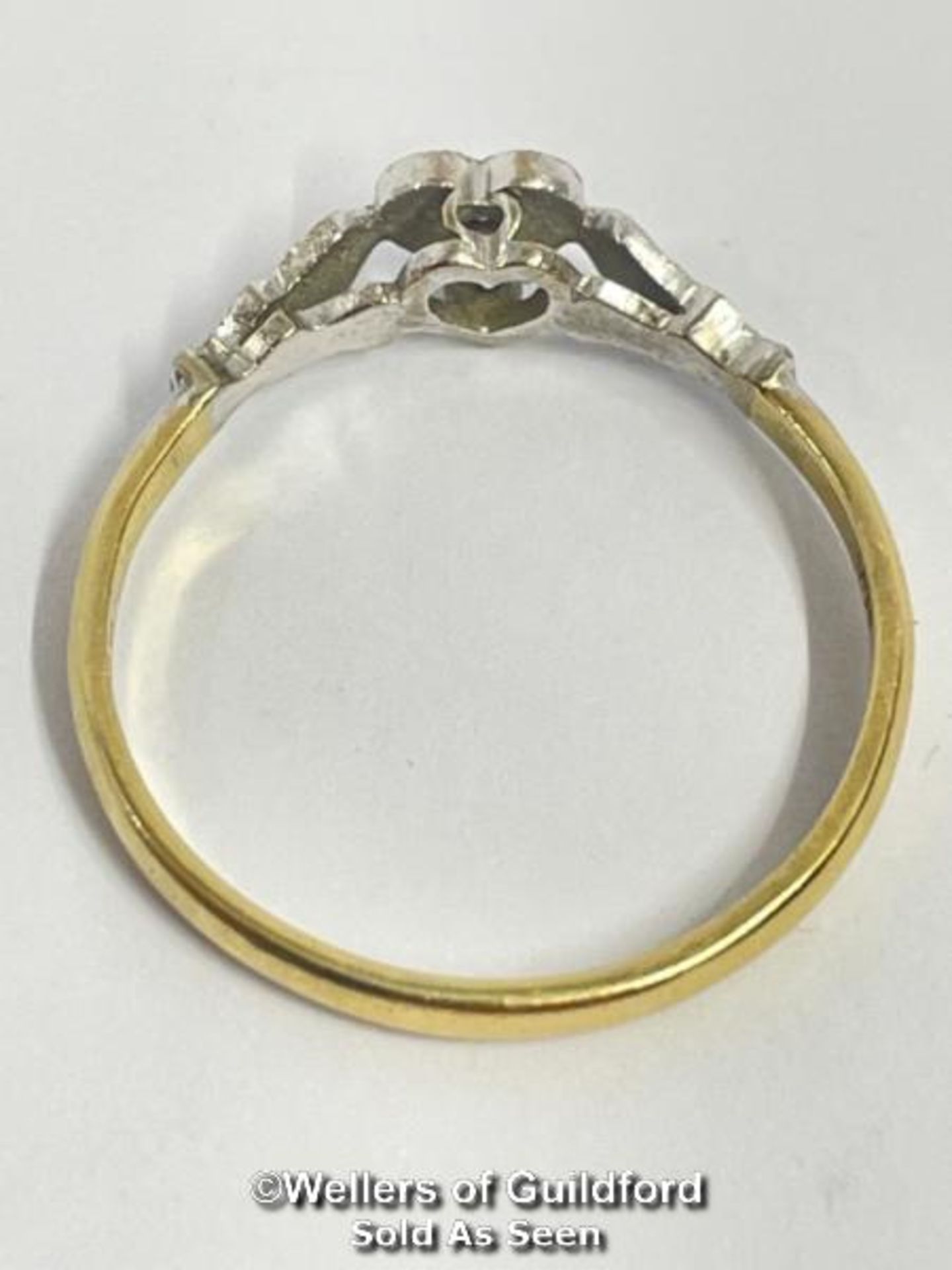 *Heart motif ring set with a tiny single cut diamond in hallmarked 18ct gold and platinum. Hallmarks - Image 4 of 6