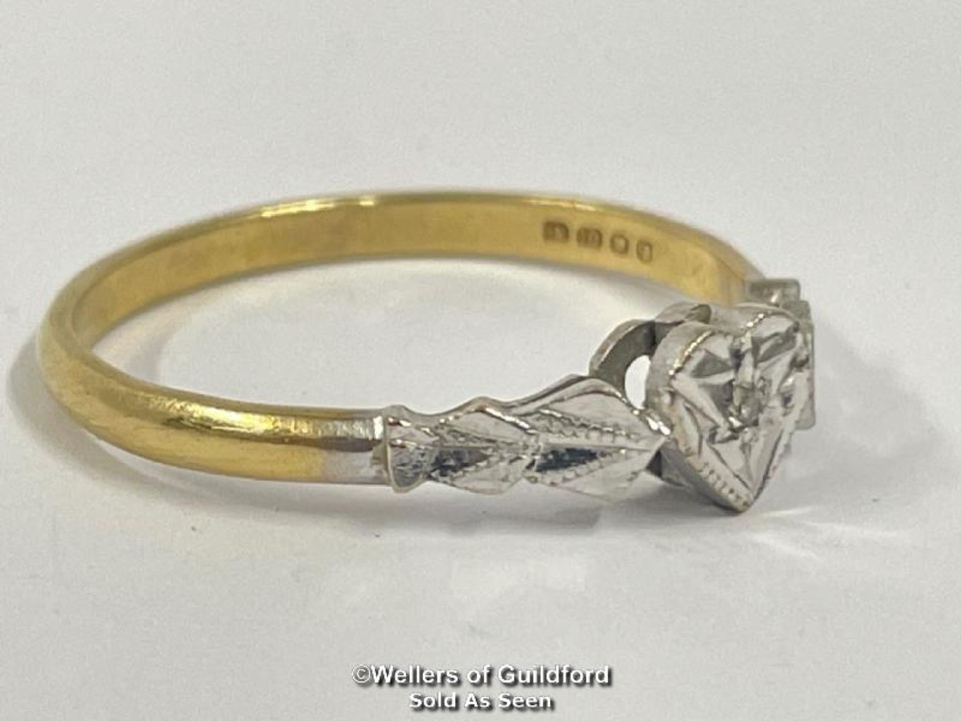 *Heart motif ring set with a tiny single cut diamond in hallmarked 18ct gold and platinum. Hallmarks - Image 2 of 6