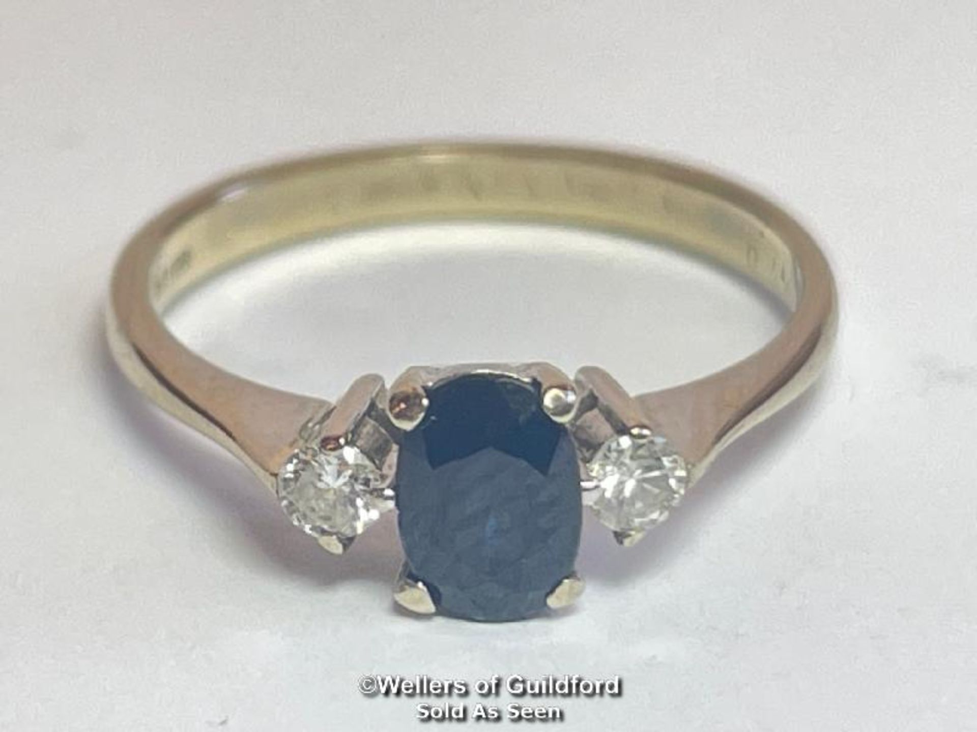 Oval sapphire and diamond three stone ring in 18ct gold. Estimated weight of saphire 0.67ct, - Image 2 of 6