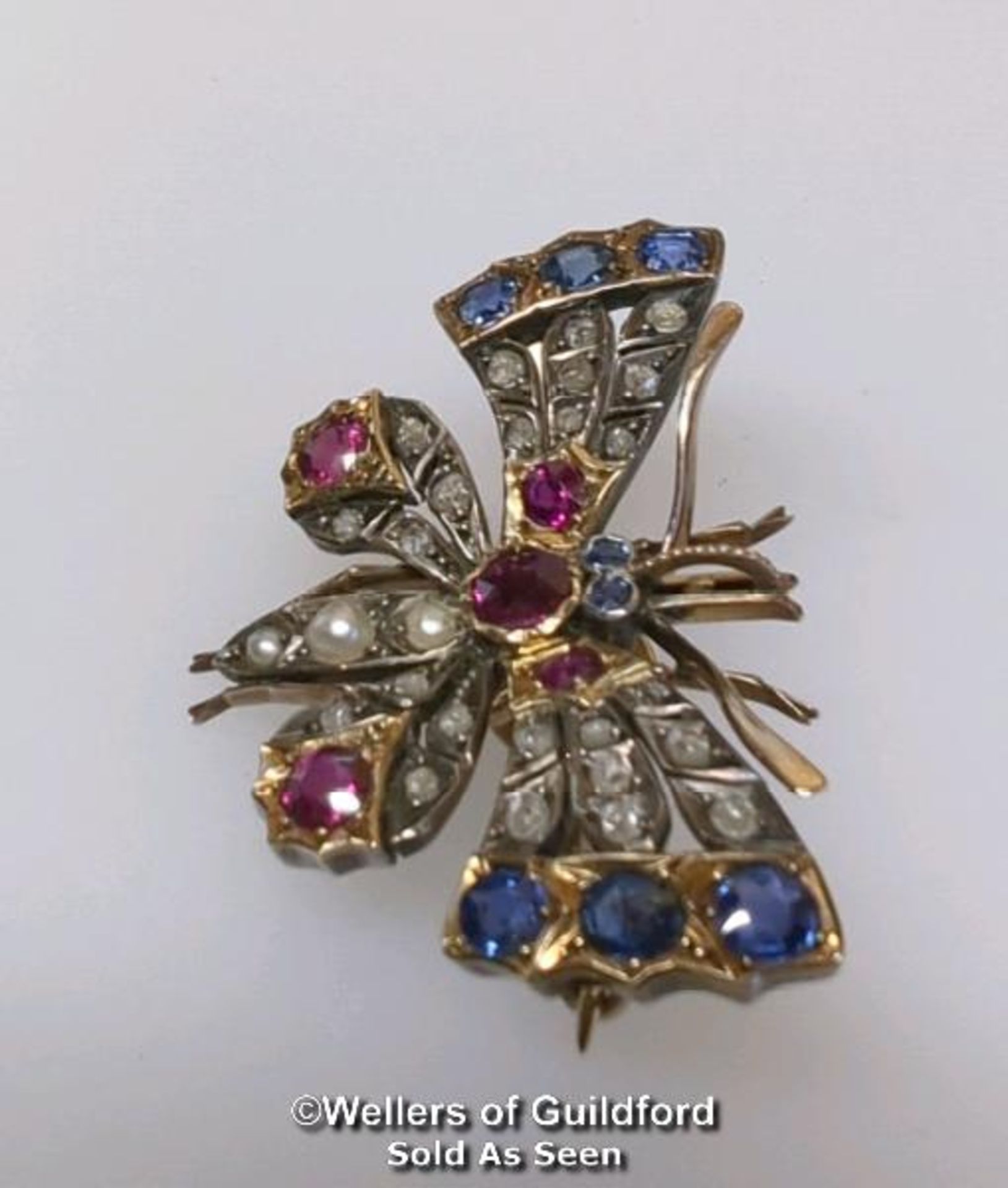 Late Victorian ruby, sapphire, diamond and pearl butterfly brooch with pendant loop and removable - Image 3 of 7