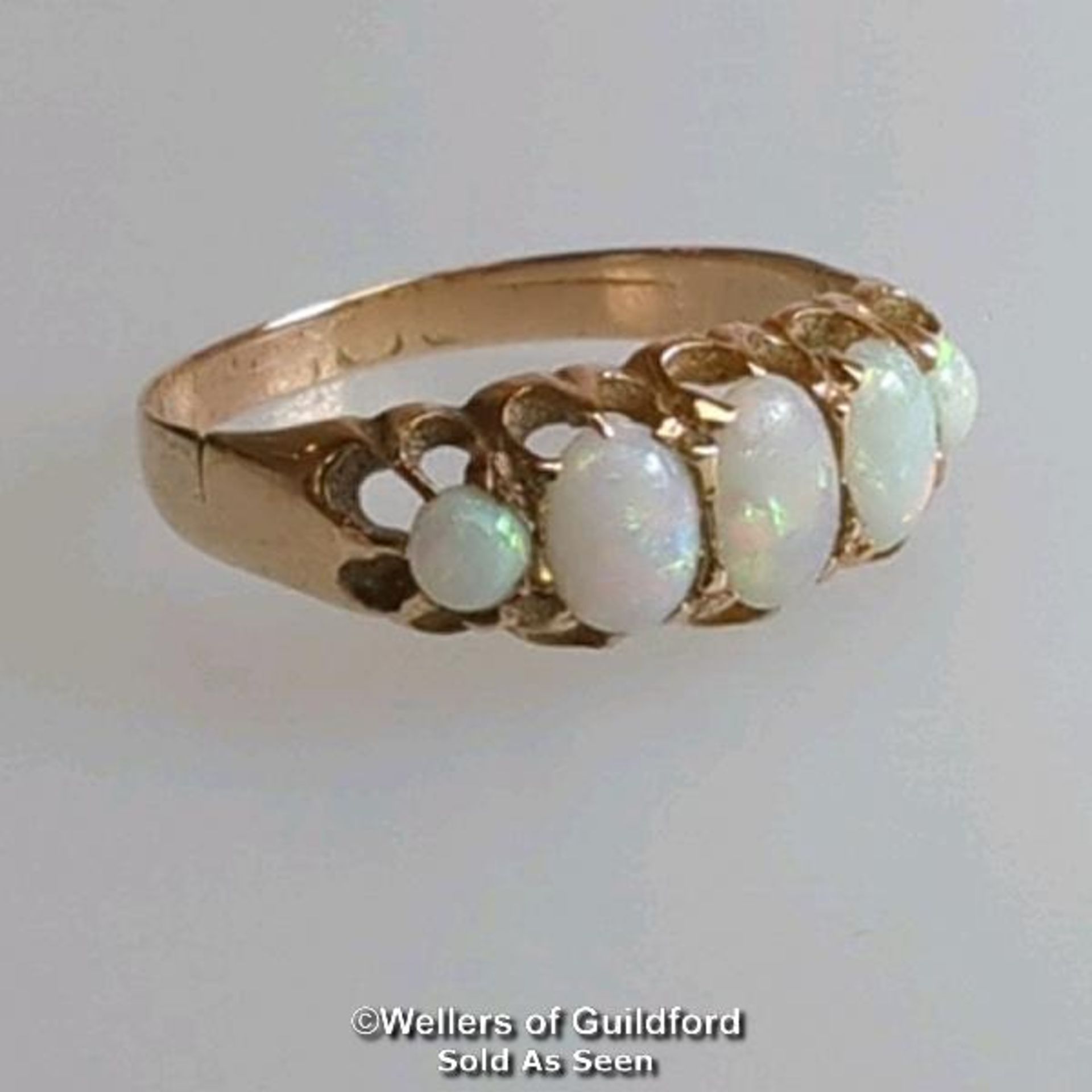 Opal five stone ring. Rubbed hallmark. Ring size O. Gross weight 1.42g. Condition - some wear to - Image 4 of 6
