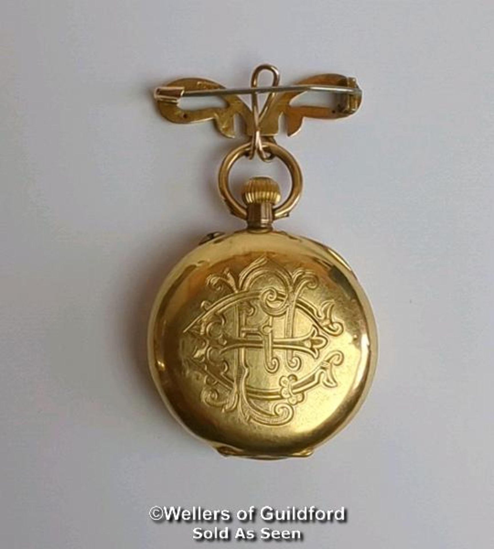Half hunter fob watch with white enamel dial and entwinded monogrammed initials enscribed on - Image 5 of 7