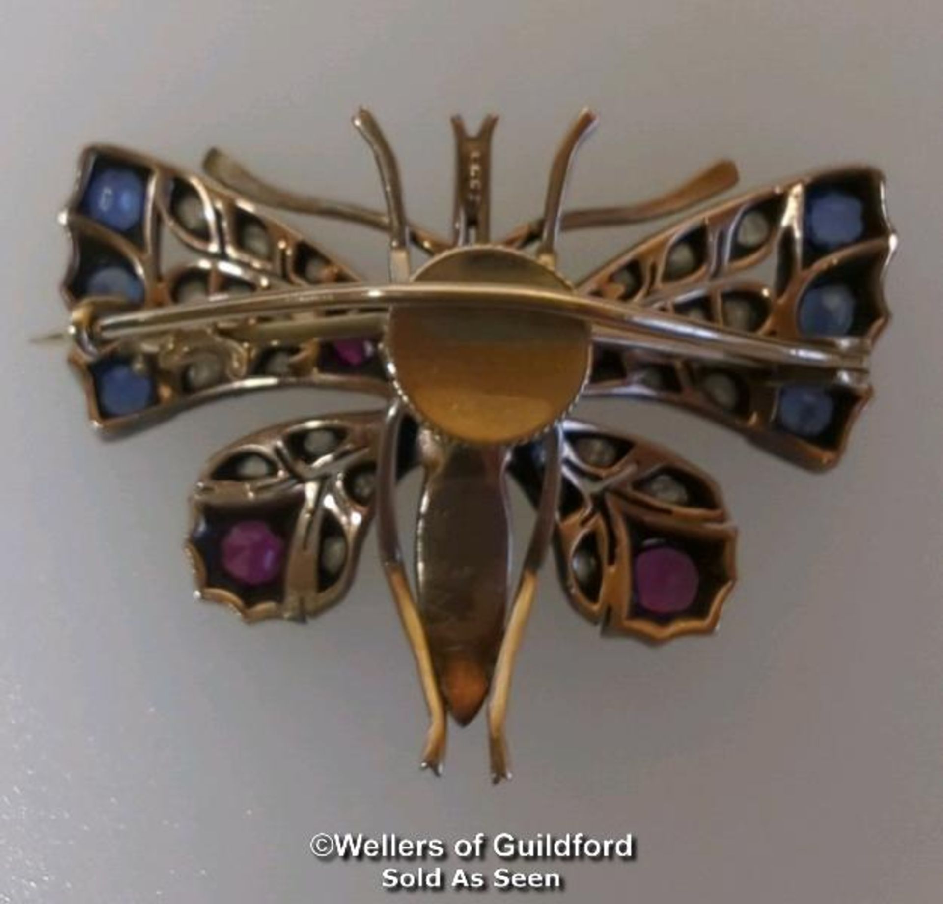 Late Victorian ruby, sapphire, diamond and pearl butterfly brooch with pendant loop and removable - Image 4 of 7