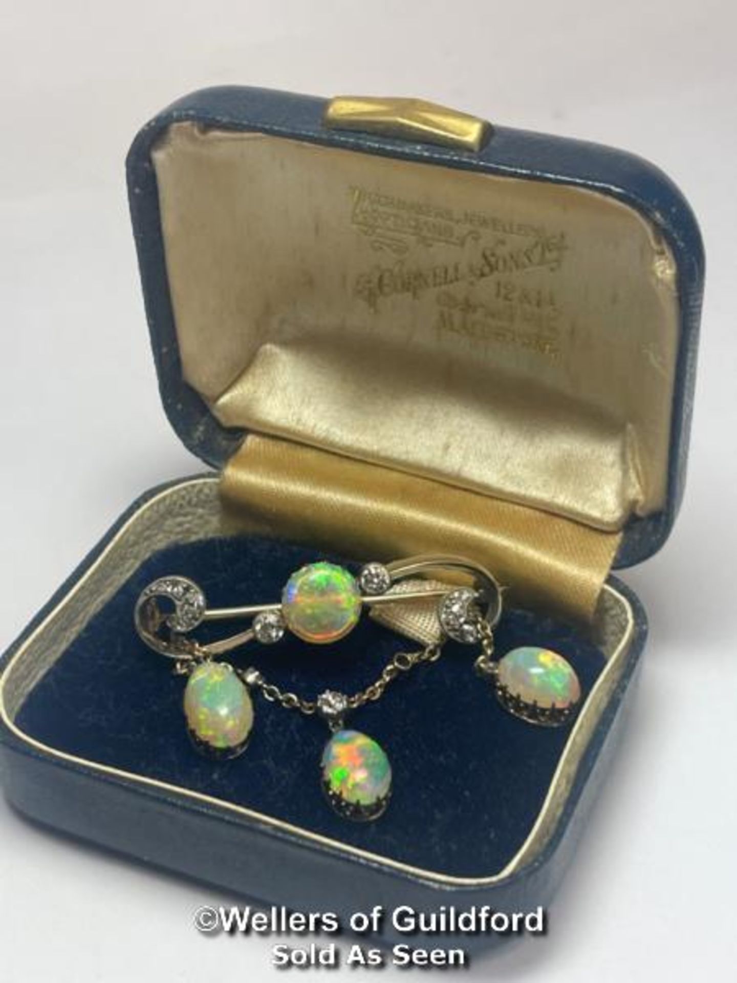 Late Victorian opal and old cut diamond bar brooch with opal and diamond chain, dangle drops the - Image 6 of 6