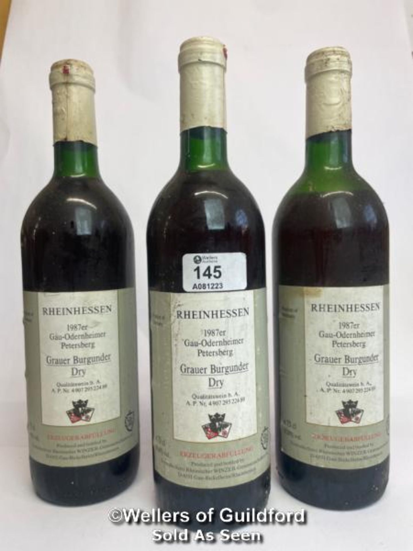 Three bottles of 1987 Rheinhessen Grauer Burgunder Dry, 75cl, No vol indicated / Please see images