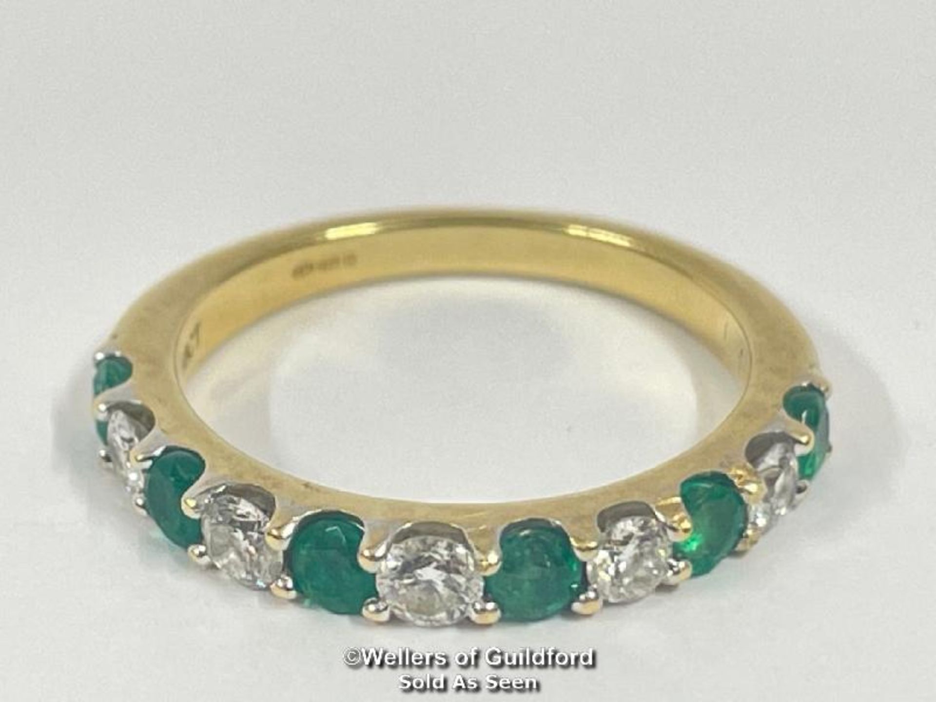 Emerald and diamond eternity half band stamped 18ct, ring size o, diamond weight 0.40ct estimated - Image 2 of 5