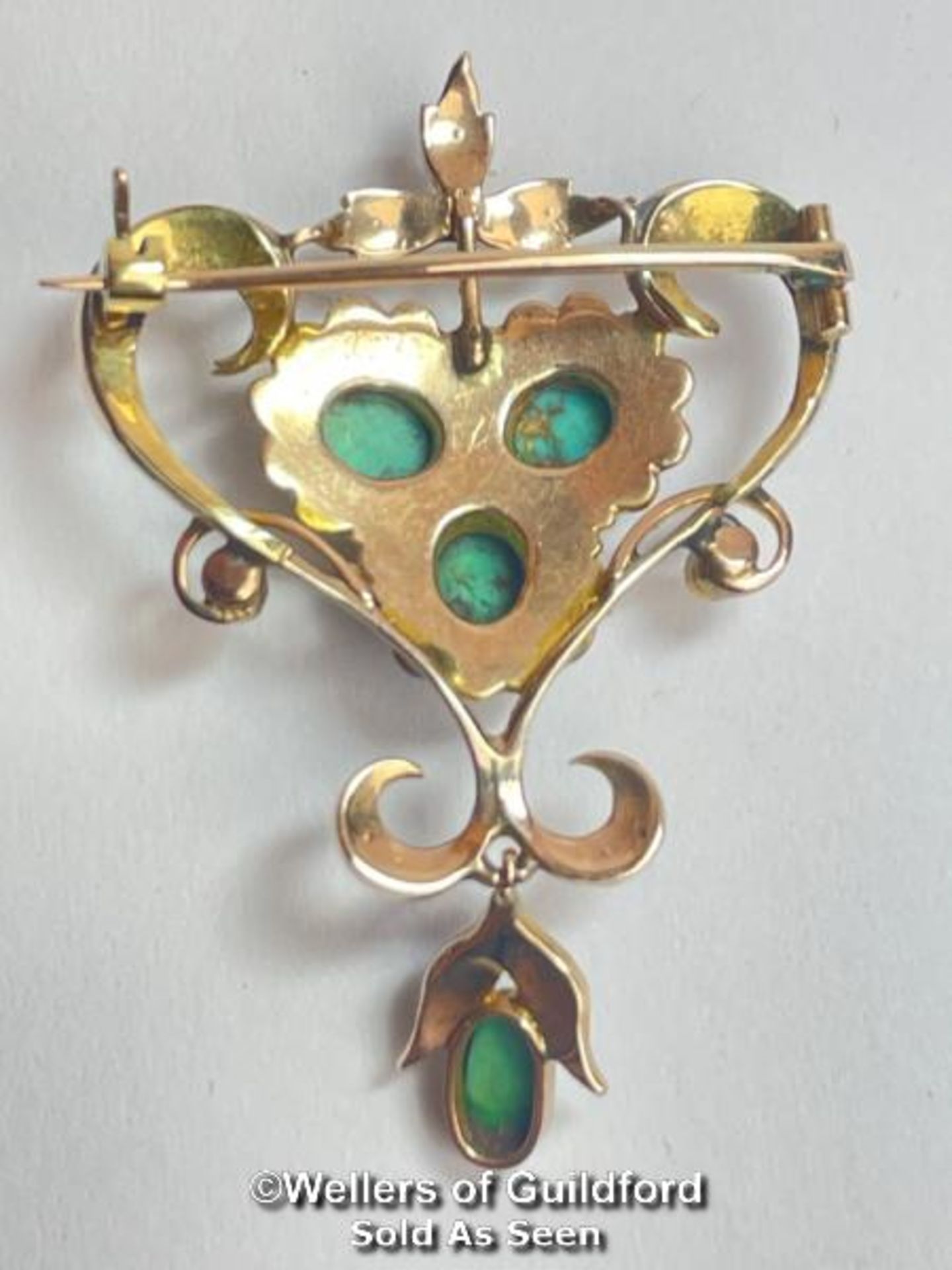 Early 20th Century turquoise and split pearl brooch with articulated drop. Dimensions approx 4.5cm x - Image 2 of 3