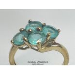 Blue topaz (untested) qautrefoil ring in hallmarked 9ct gold by QVC, ring size J, weight 2.51g