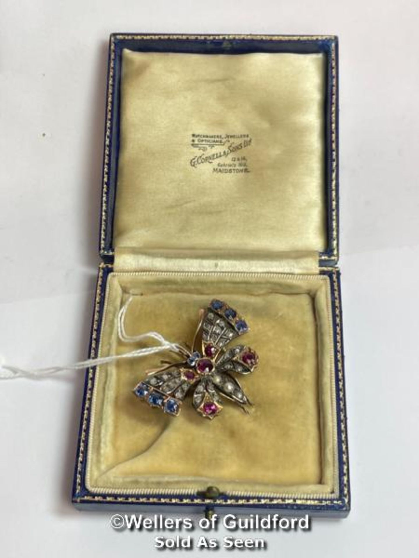Late Victorian ruby, sapphire, diamond and pearl butterfly brooch with pendant loop and removable - Image 7 of 7