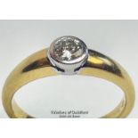 Diamond solitaire ring in hallmarked 18ct gold. Estimated diamond weight 0.23ct, colour J-K, clarity