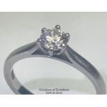 Solitare diamond ring set in platinum. Diamond weight 0.41ct, diamond colour G, clarity SI1, ring