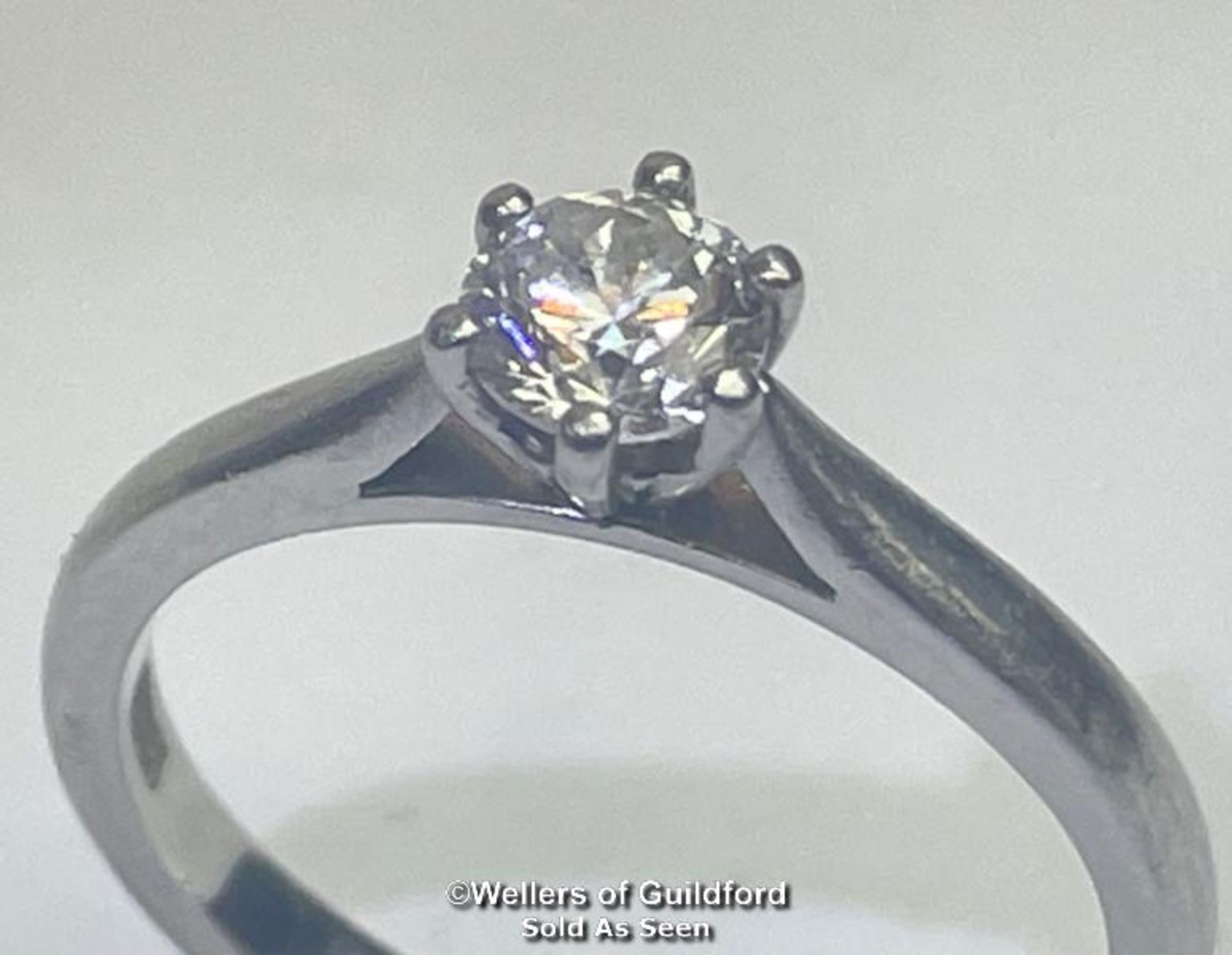 Solitare diamond ring set in platinum. Diamond weight 0.41ct, diamond colour G, clarity SI1, ring