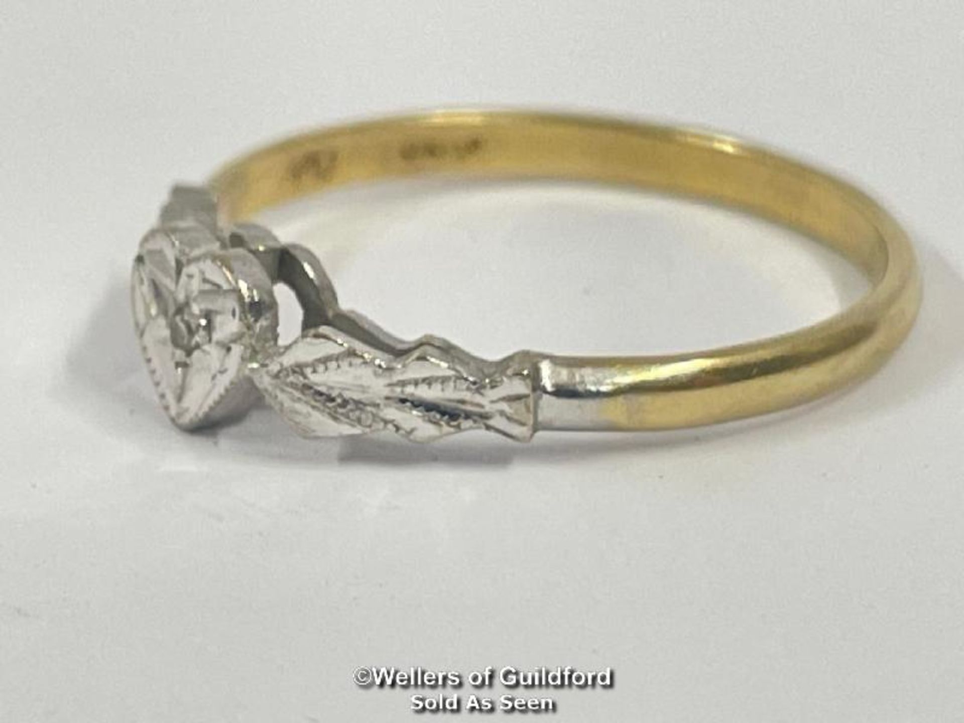 *Heart motif ring set with a tiny single cut diamond in hallmarked 18ct gold and platinum. Hallmarks - Image 3 of 6