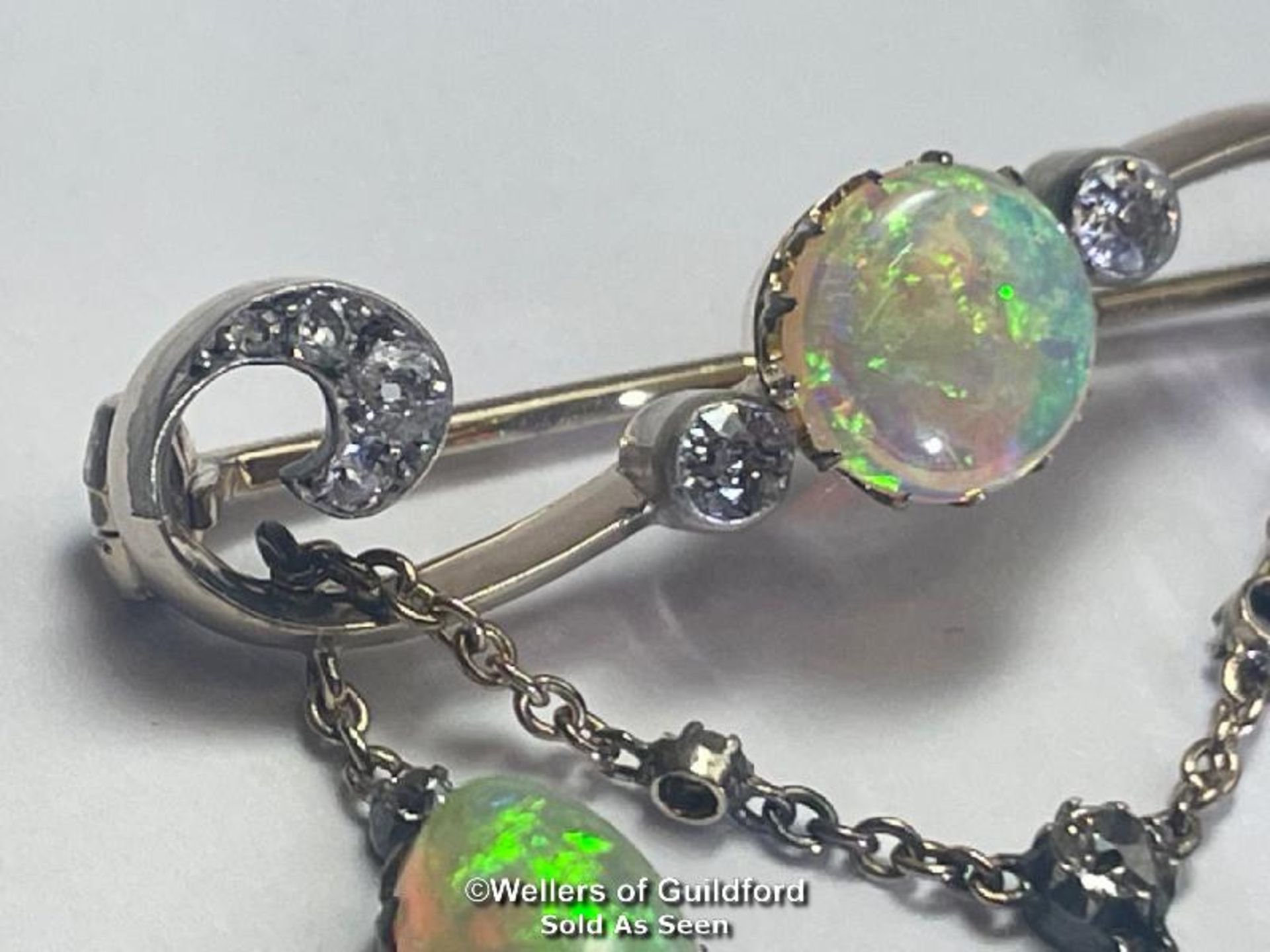 Late Victorian opal and old cut diamond bar brooch with opal and diamond chain, dangle drops the - Image 3 of 6