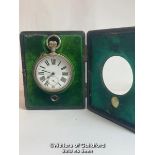 Argentan Goliath pocket watch in shagreen traveling /display case. Top winding mechanism, nickle