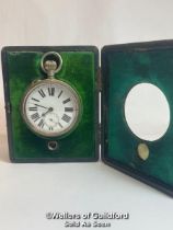 Argentan Goliath pocket watch in shagreen traveling /display case. Top winding mechanism, nickle