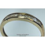 Diamond eternity half set band ring in hallmarked 9ct gold with baguette, taper baquette and