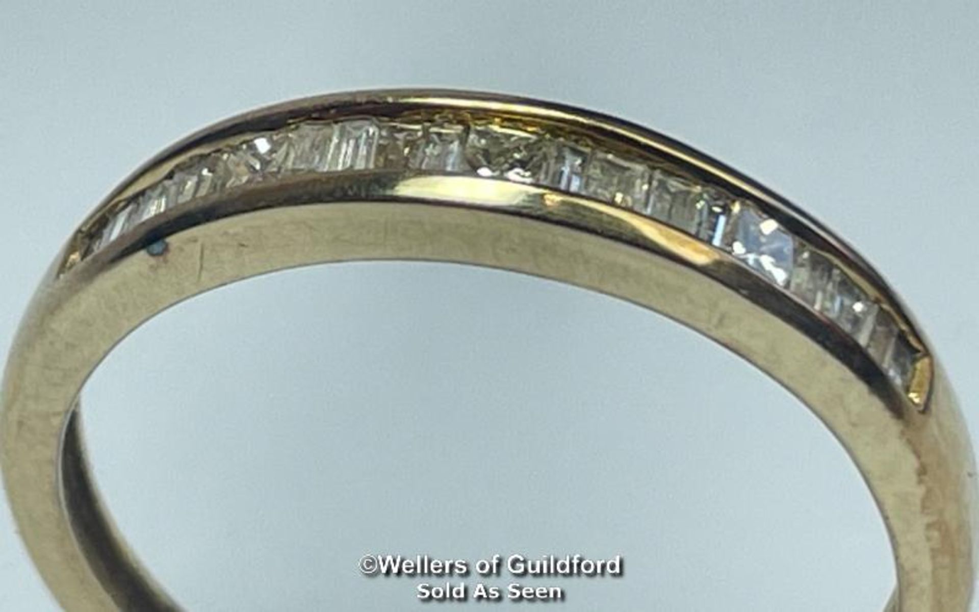 Diamond eternity half set band ring in hallmarked 9ct gold with baguette, taper baquette and