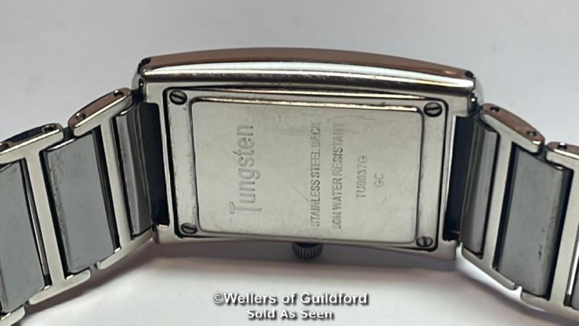 Tungsten wristwatch, quartz movement, tank style case with cubic zirconia borders on mirror - Image 8 of 14