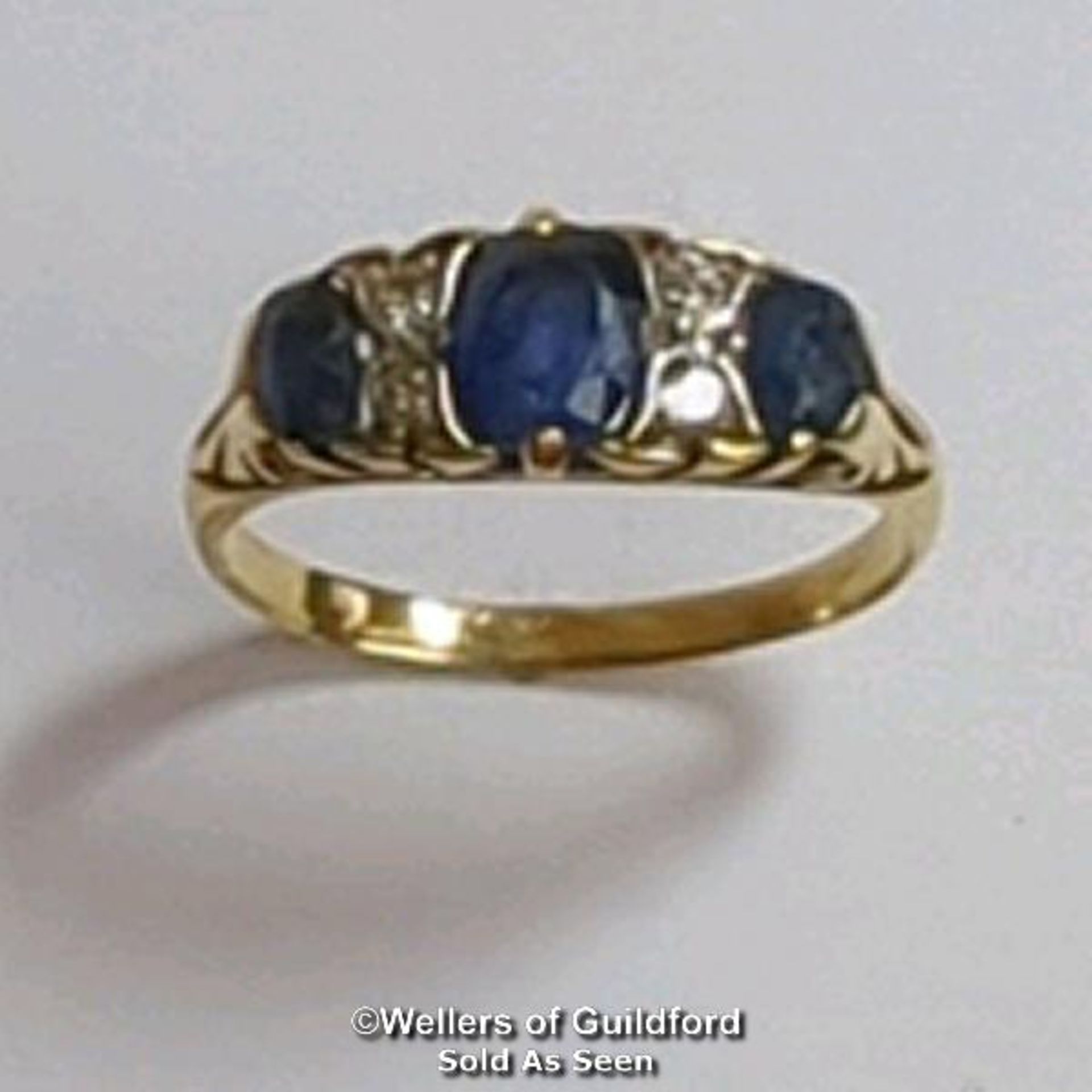 Sapphire and old cut diamond carved style antique ring. Not hallmarked. Ring size L. Gross weight - Image 4 of 6
