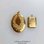 Two locket pendants: one 9ct gold oval locket with engraved front, hallmarked on bail, dimensions