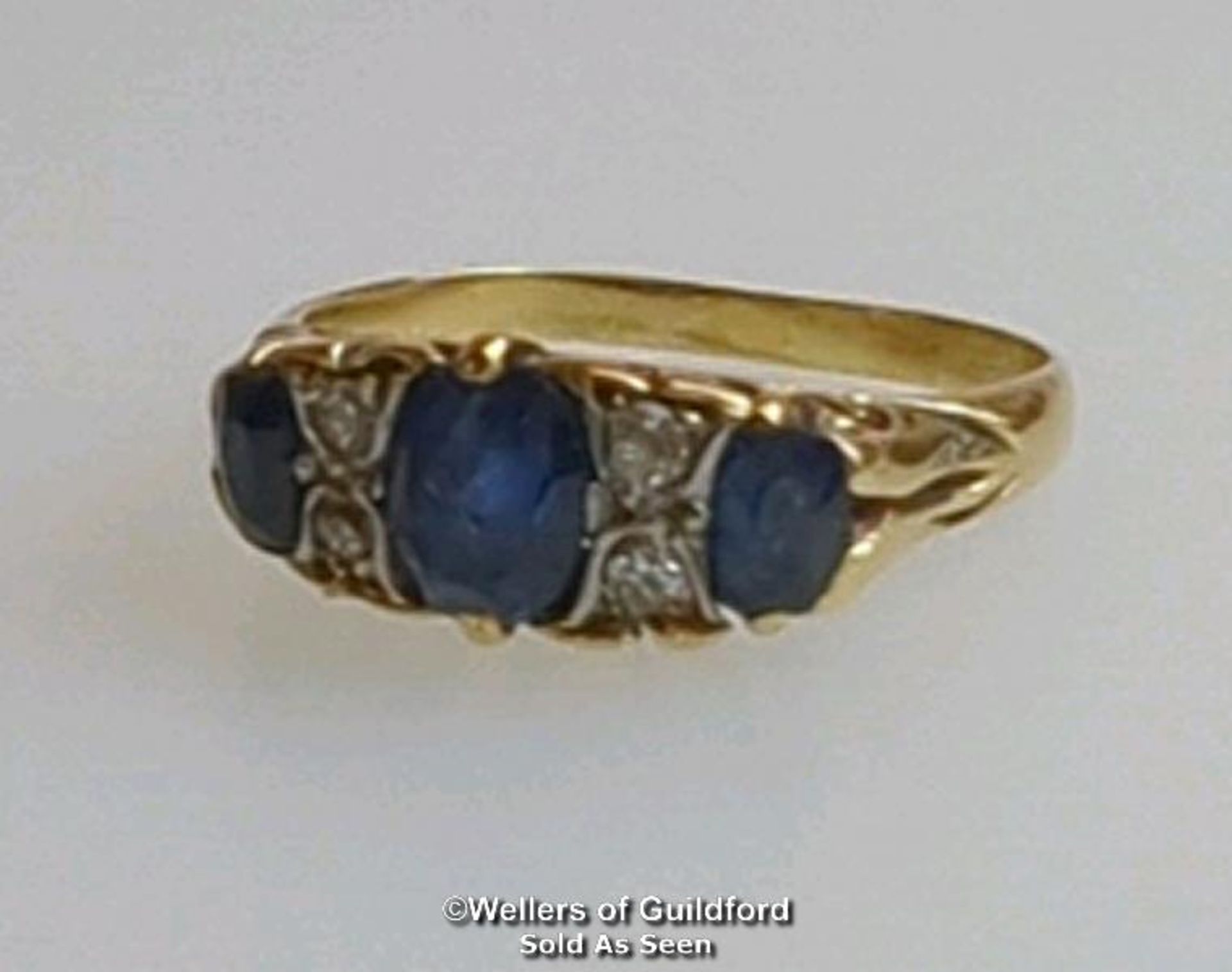 Sapphire and old cut diamond carved style antique ring. Not hallmarked. Ring size L. Gross weight - Image 6 of 6