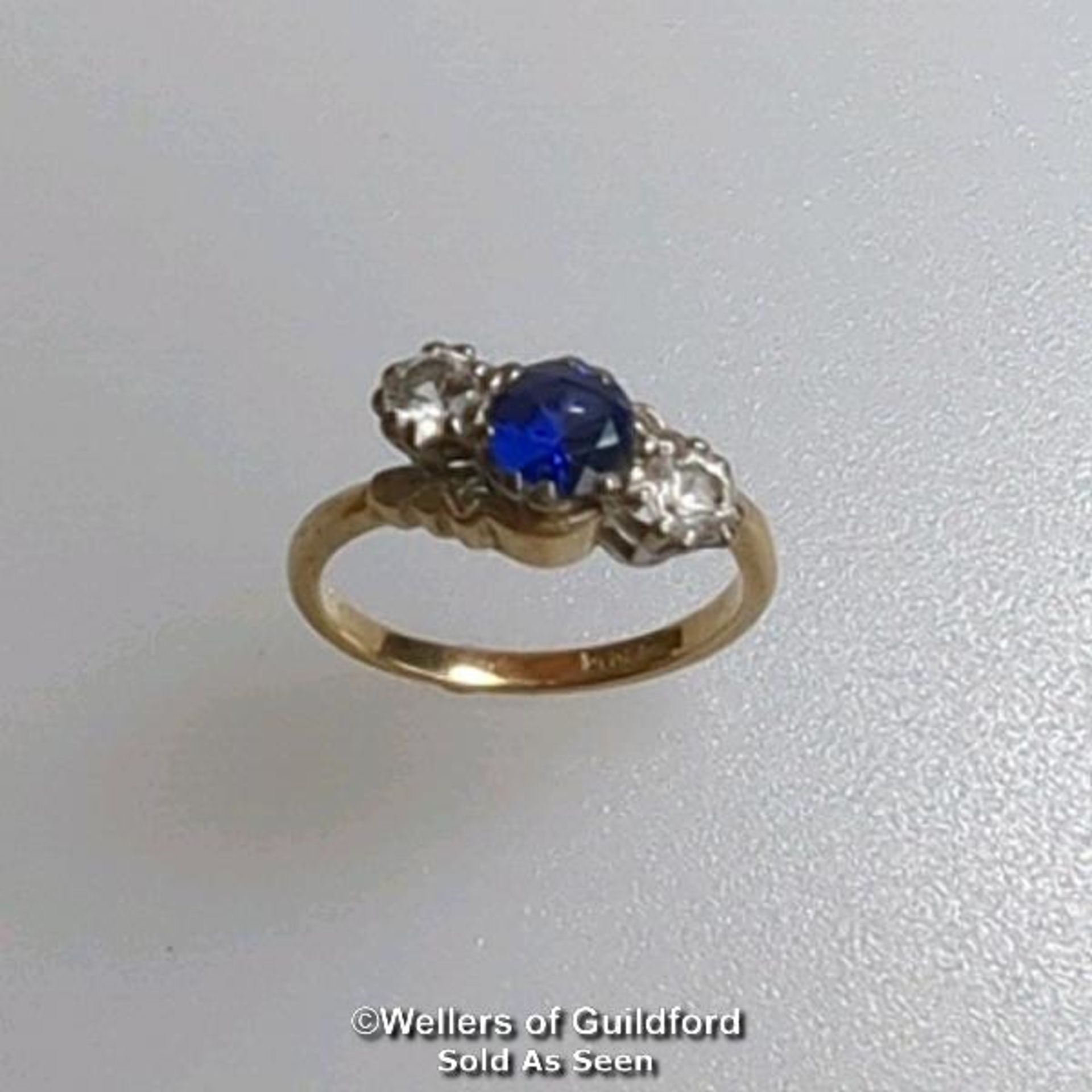 Synthetic sapphire and white sapphire three stone ring in a mount stamped 9ct gold. Ring size L. - Image 2 of 6