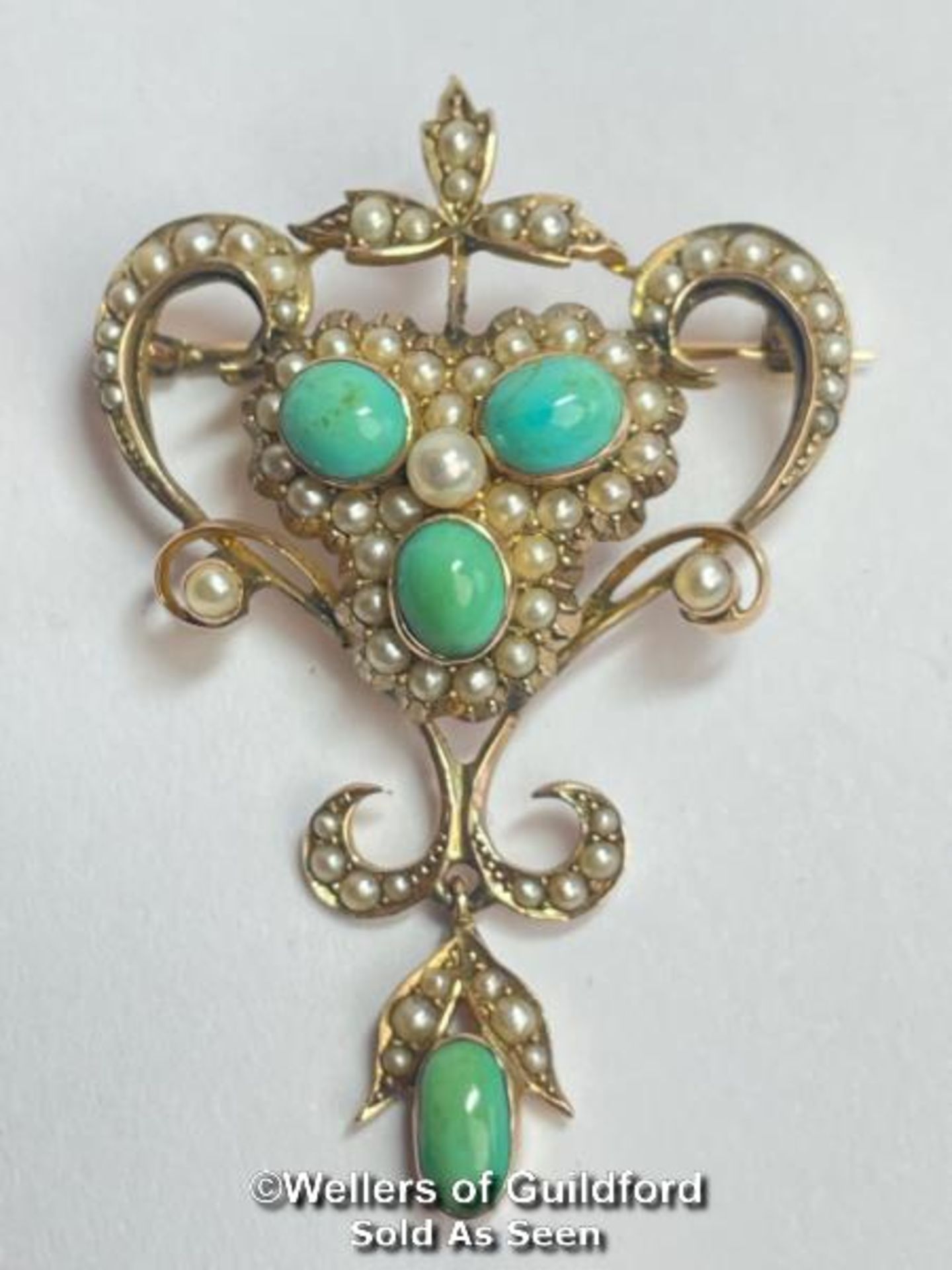 Early 20th Century turquoise and split pearl brooch with articulated drop. Dimensions approx 4.5cm x