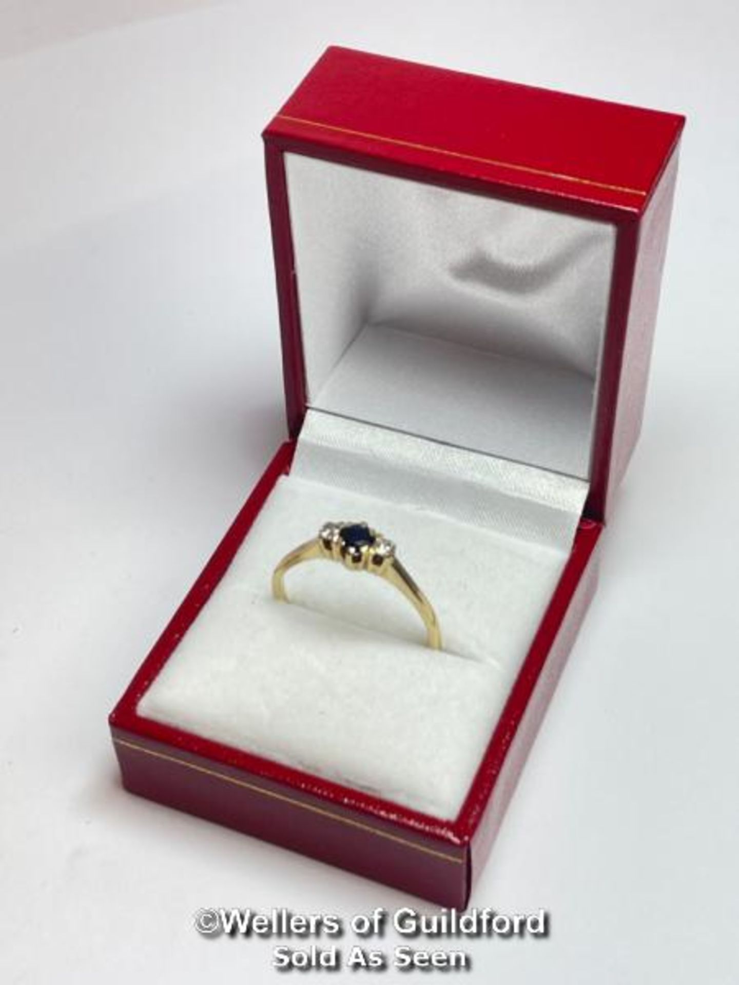 Sapphire and diamond three stone ring in unmarked yellow metal. Estimated weight of sapphire 0.40ct, - Image 4 of 4