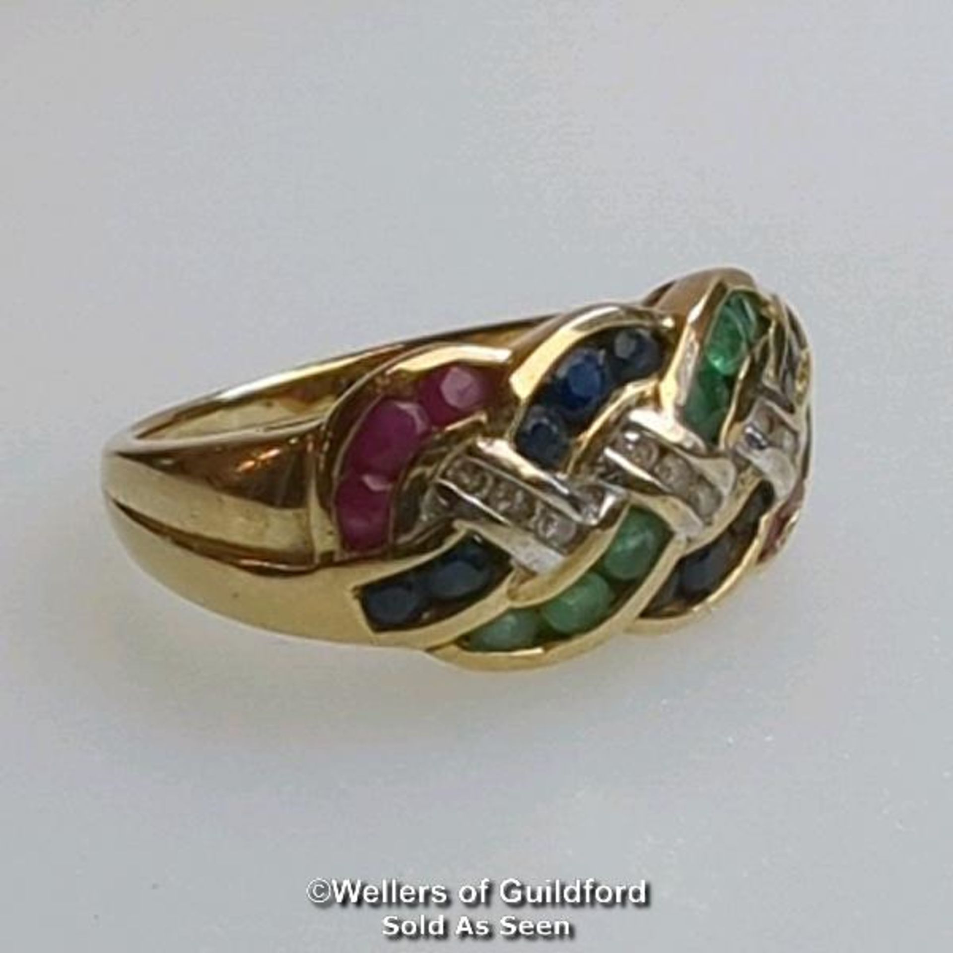 Diamond, sapphire, ruby and emerald knot ring in hallmarked 9ct gold. Diamond weight estimated as - Image 4 of 8