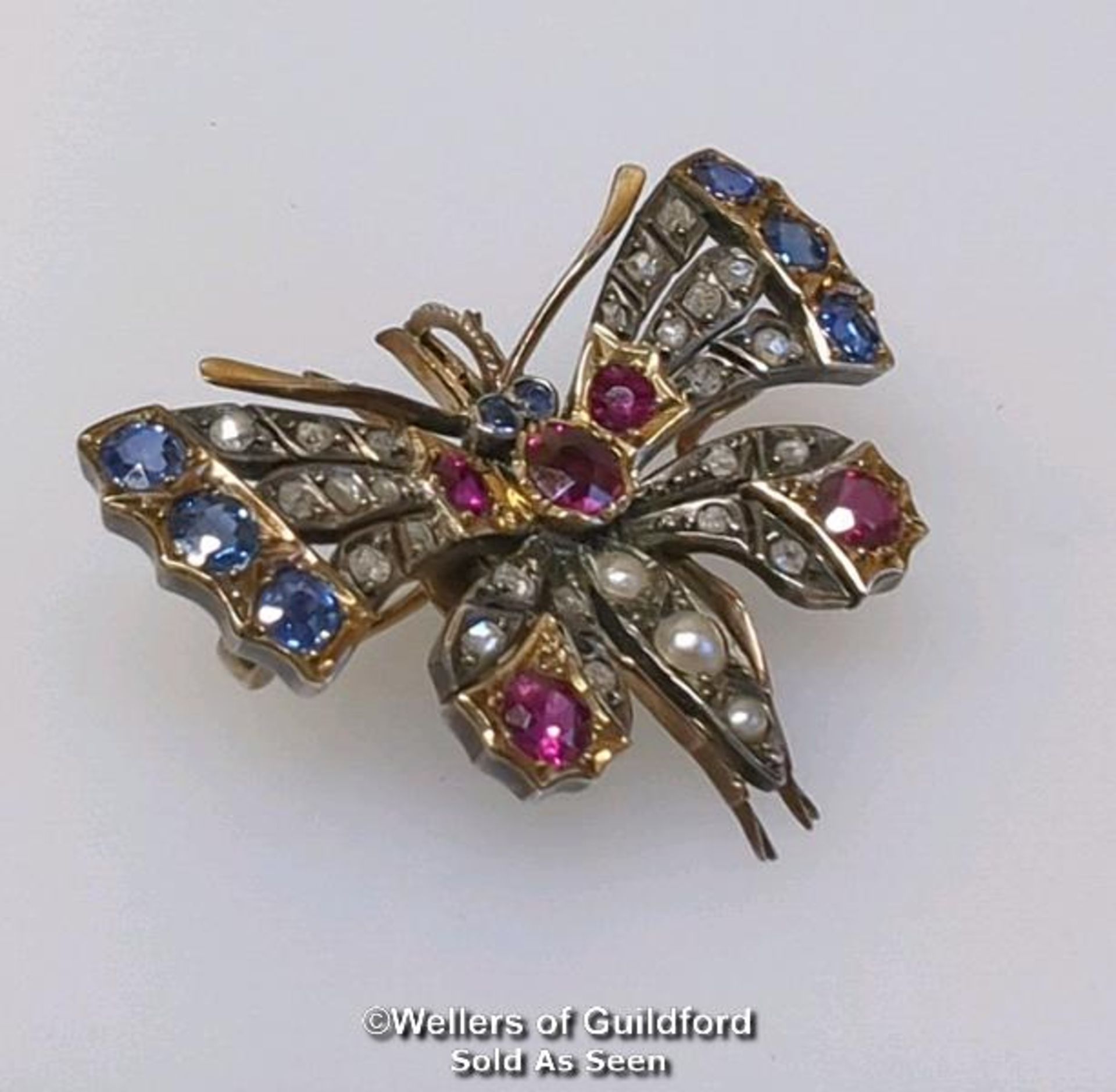 Late Victorian ruby, sapphire, diamond and pearl butterfly brooch with pendant loop and removable