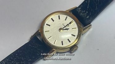 Vintage omega gold plated cocktail wristwatch with leather strap, 1.5cm diameter