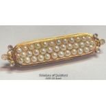 Stock pin in yellow metal with three rows of split pearls and rose cut diamond terminations, not