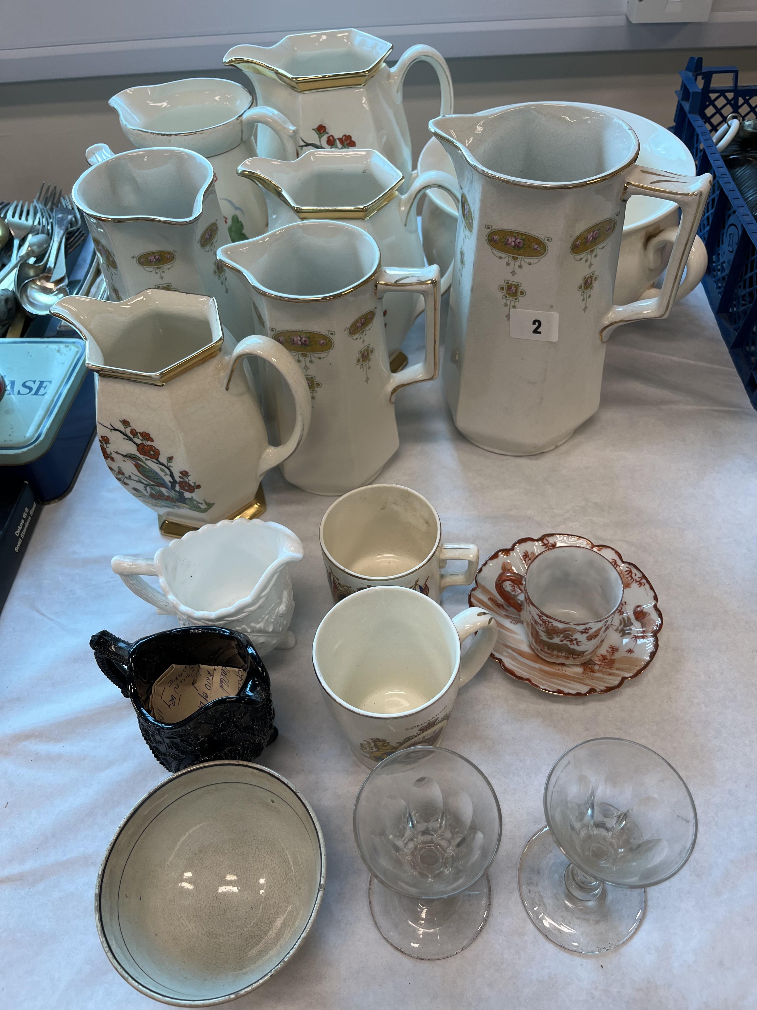 2 EARLY VICTORIAN GLASSES, SLAGWARE JUGS