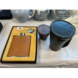 BOXED HIP FLASK, 2 CASED STIRRUP CUPS