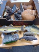 2 MODERN WOODEN CATS, FISH ON STANDS