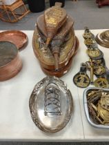 PAIR OF WOODEN BELLOWS, VICTORIAN BEAD WORK STANDS, PLATED DISH ETC