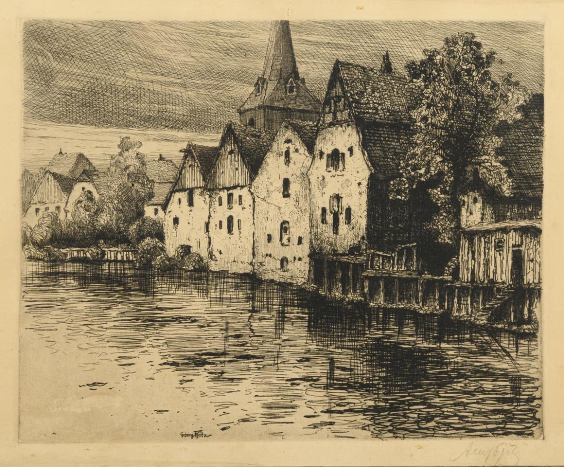 FRITZ, Georg (1884 Dresden - 1967 Mitterfels). Historische Häuser am Wasser.