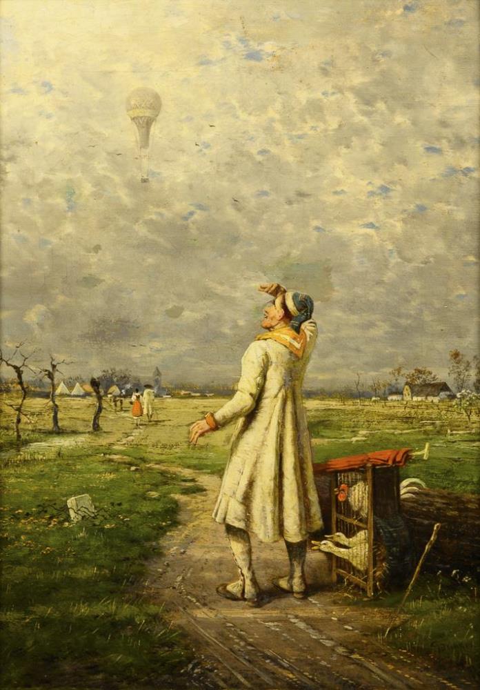 BEINKE, Fritz (1842 Düsseldorf - 1907 ebd.). Genreszene mit Heißluftballon.