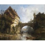 WEYSSER, Karl (1833 Durlach - 1904 Heidleberg). Alte Bogenbrücke in Flusslandschaft.