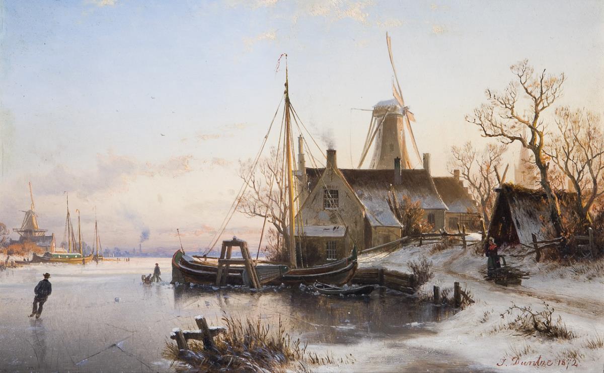 DUNTZE, Johannes (1823 Rablinghausen - 1895 Düsseldorf). Holländische Winterlandschaft.