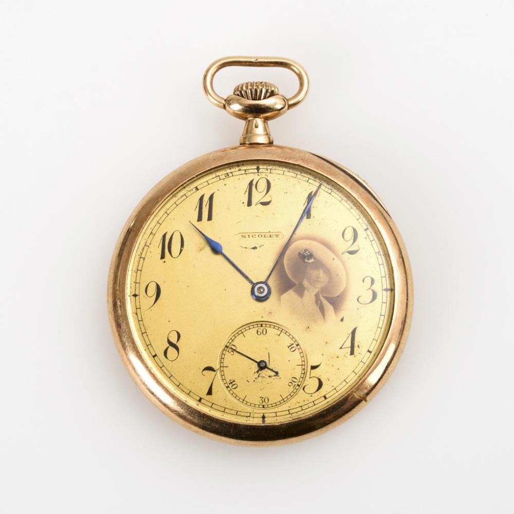 oldene Jugendstil-Taschenuhr mit Damenporträt "Nicolet".. NOMOS-W. Co.-Swiss / NOMOS-Uhr-Gesellscha