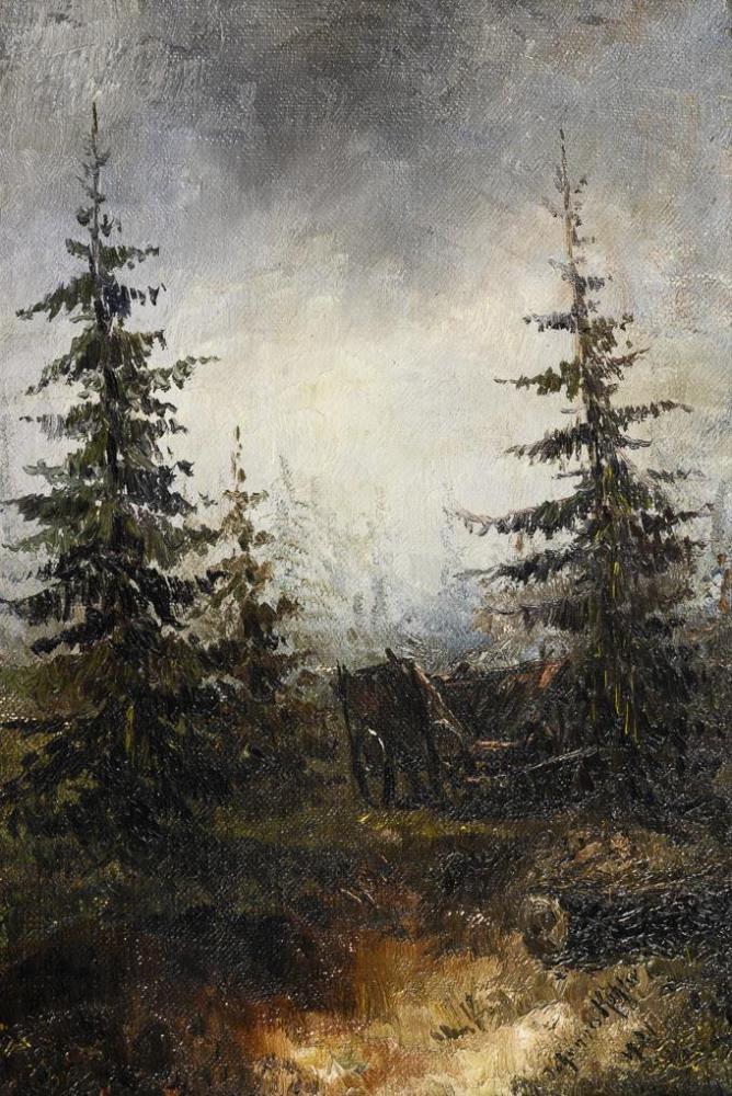 KÖHLER, Johannes (1896 Küstrin - 1976 Schatzlar/Riesengebirge). Waldlandschaft mit Wagen.