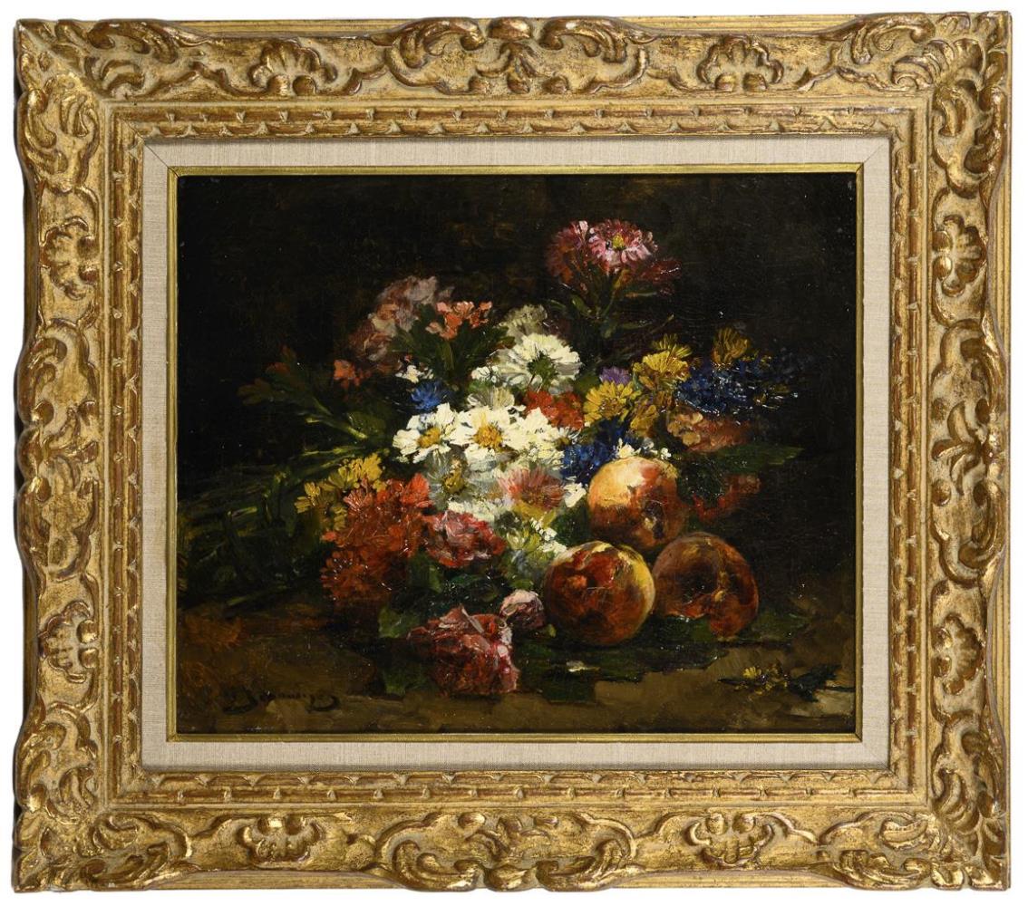 JEANNIN, Georges (1841 Paris - 1925 ebd.). Stillleben mit Blumen und Pfirsichen.