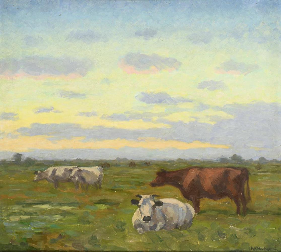 HARTMANN, Hugo Friedrich (1870 Rosenberg/Westpreussen - 1960 Bardowick). Kühe unter hohem Himmel.