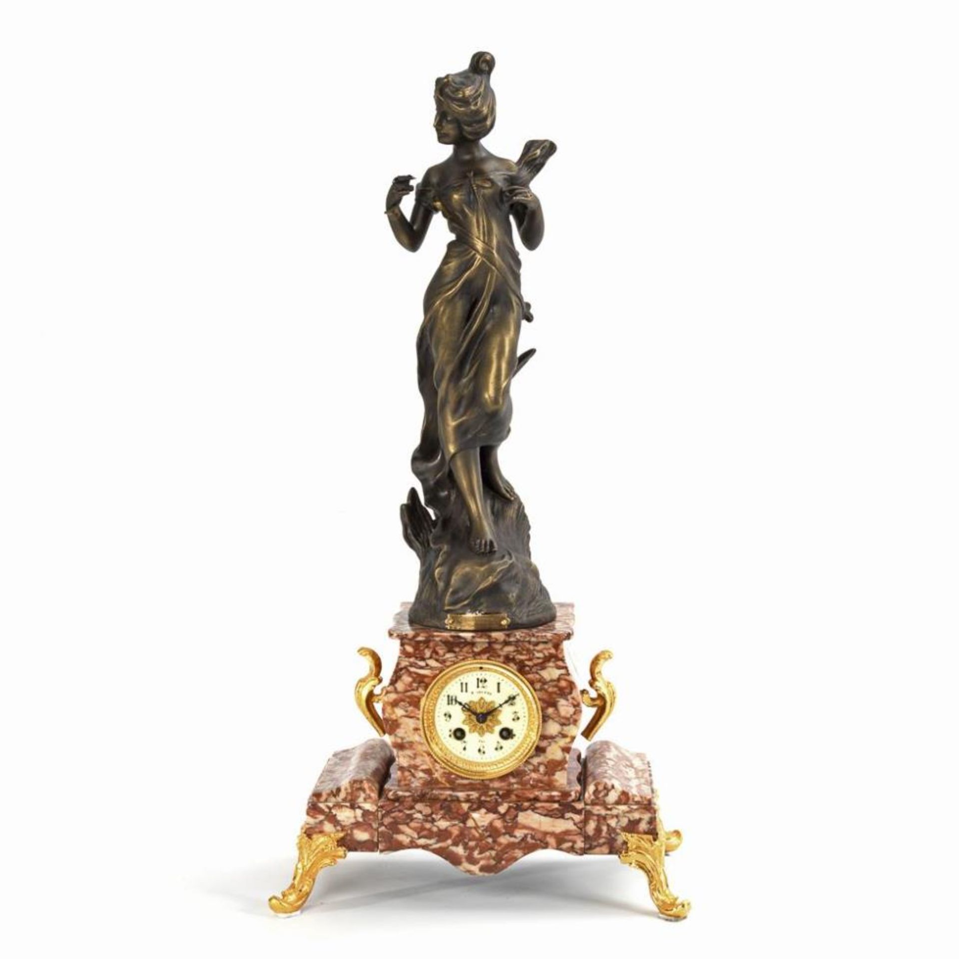 Große Pendule mit Jugendstil-Frauenfigur "Coquette".